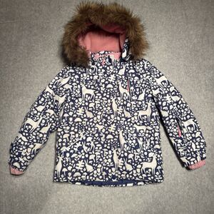 Boden Girls Ski Jacket Winter Coat Size Small 7/8 Blue Animals Hooded Reflective